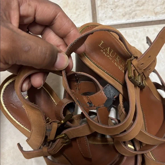 Lauren Ralph Lauren Aleigh Sandal Wedge Brown Open Toe Strappy 8.5b - Picture 5 of 6